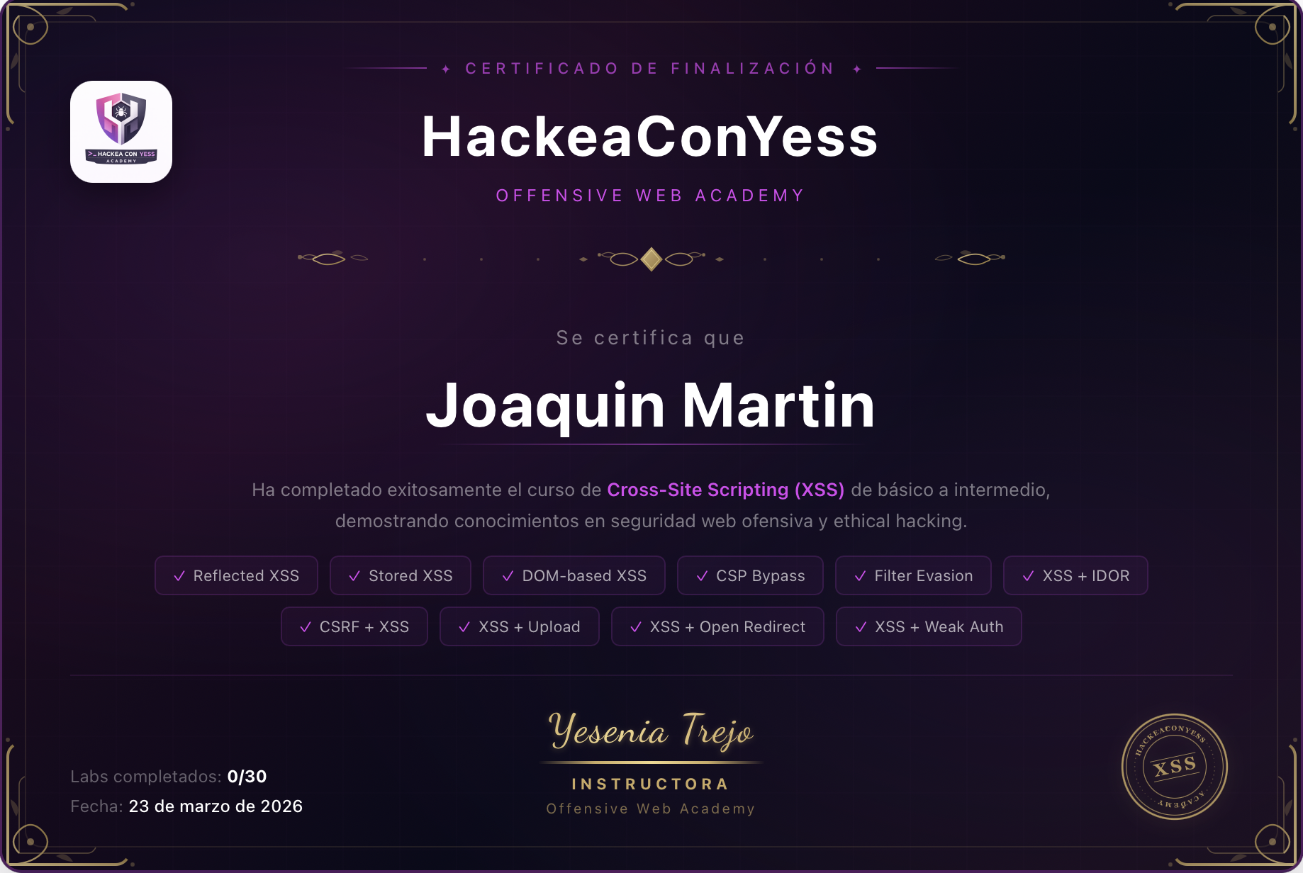 Certificado de finalización del curso XSS de HackeaConYess